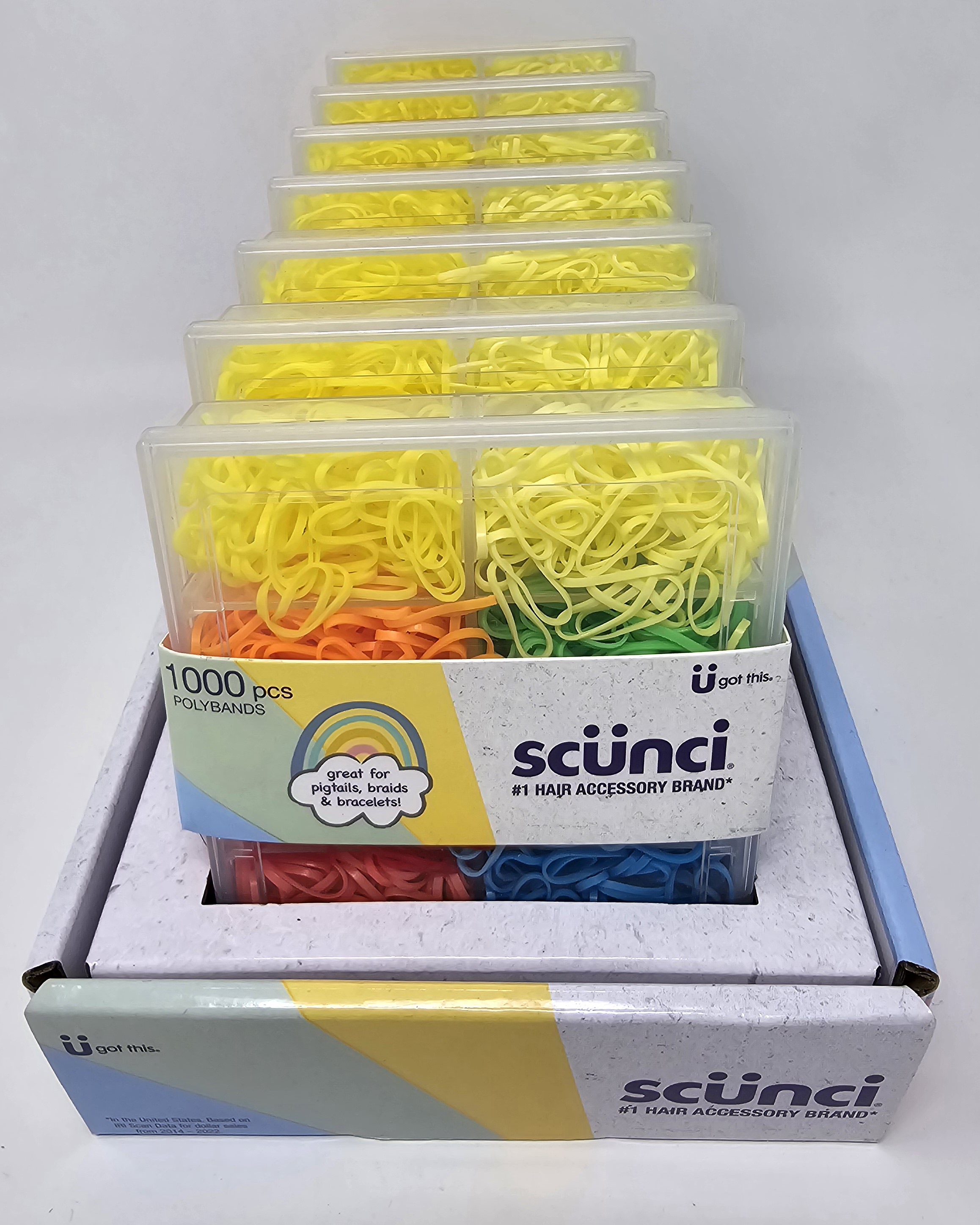 SCUNCI NO DAMAGE POLYBANDS IN REUSABLE CASE, 1000 POLYBANDS PER CASE. 7 UNITS PER PDQ DISPLAY
