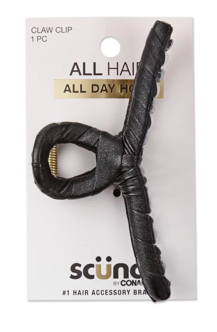 ITEM # 1011002A048 Scunci Leather Wrapped Loop Claw Clip, Black /PACK: 48 / UPC # 043194101108