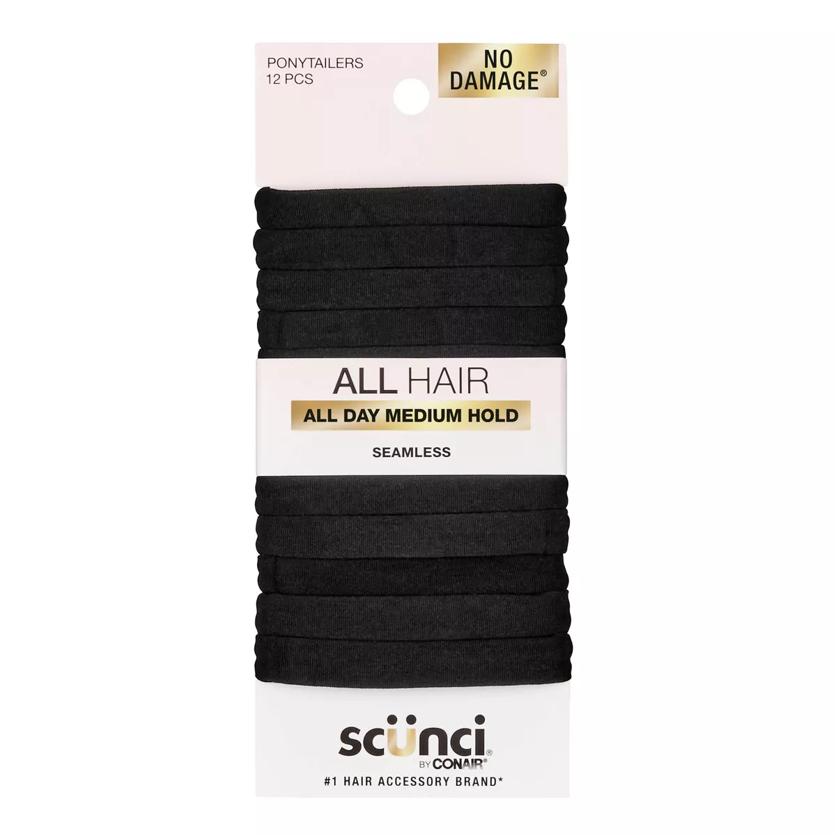 scünci No Damage Super Comfy Hosiery Elastic Hair Tie Ponytailers - Black - All Hair - 12pcs