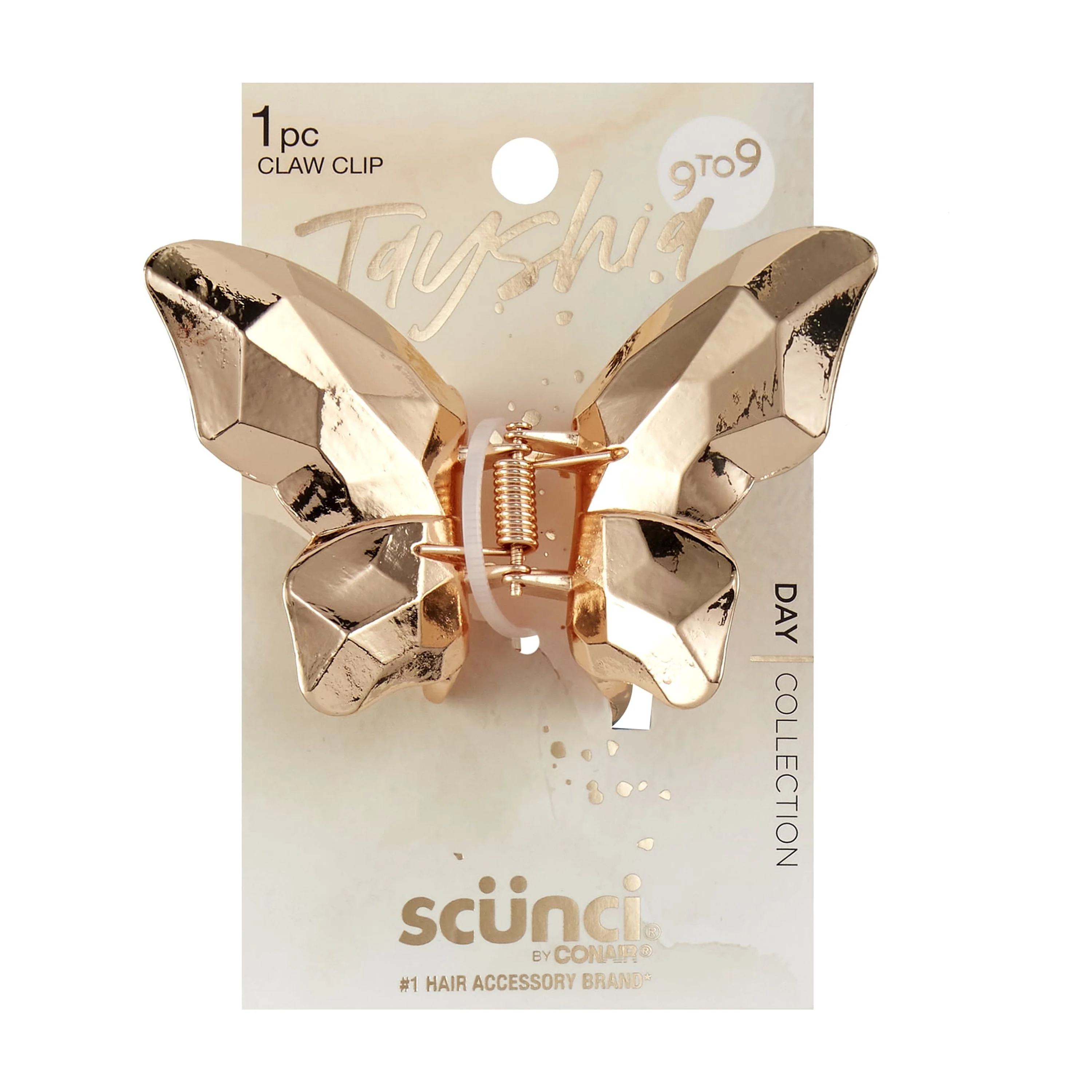 ITEM#10823 Scunci Tayshia Faceted Butterfly Claw Clip, Gold, 1 Count PACK:24/2 UPC:043194108237