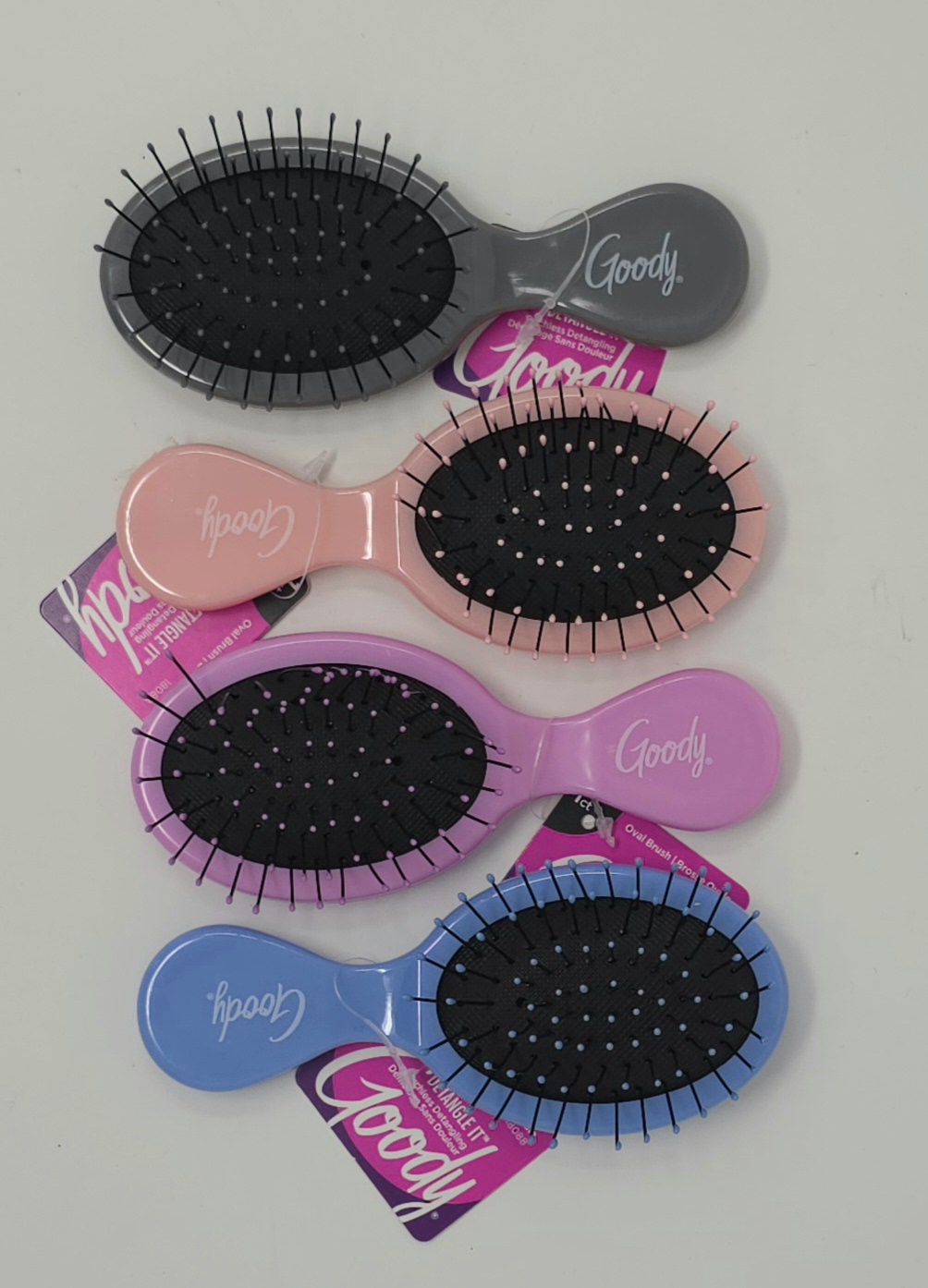 #3000621 GOODY BIN MINI OUCHLESS DETANGLING BRUSH IN ASSORTED COLORS UPC # 041457180884