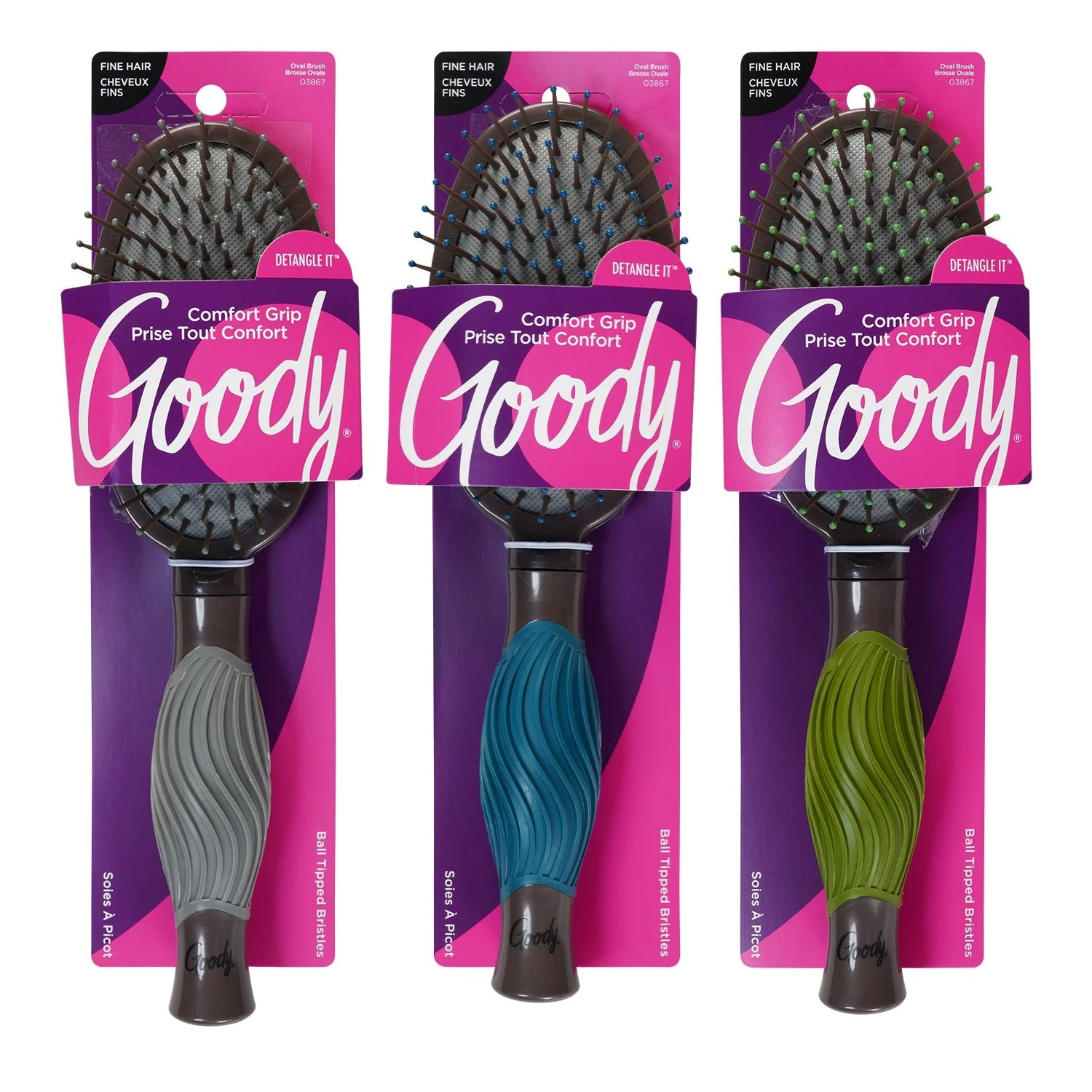 ITEM#3000688 Goody Comfort Grip Oval Cushion Hair Brush Asst Colors PACK:48/3 UPC:041457038673