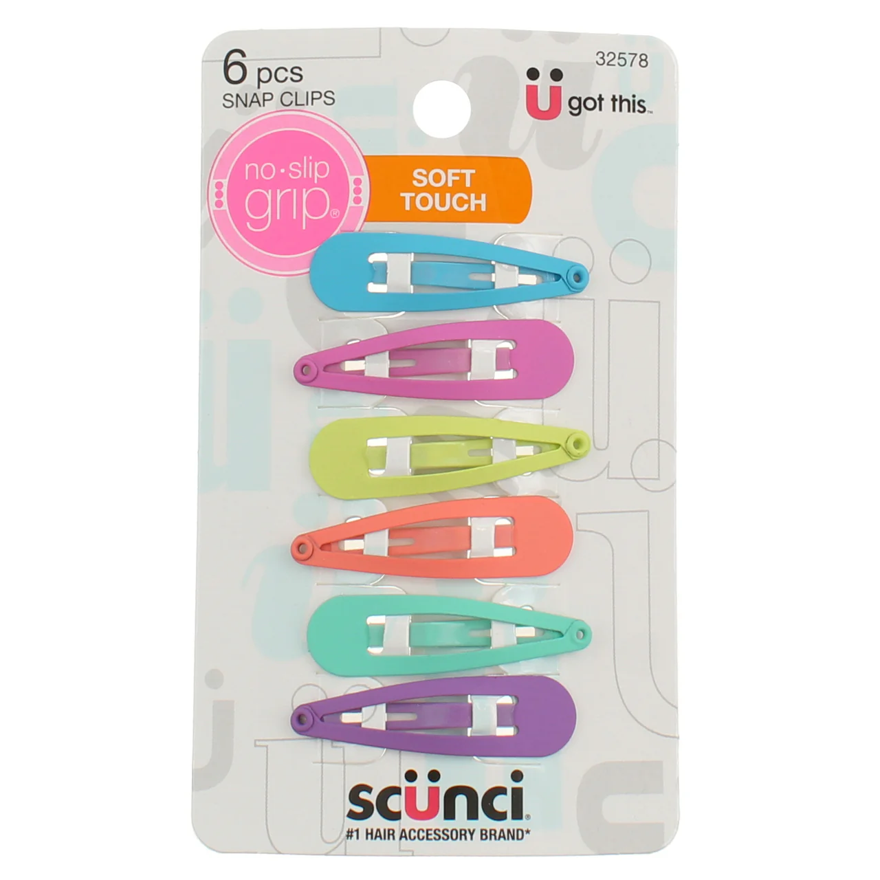 Scunci No Slip Grip Soft Touch Snap Clips, Assorted Colors, 6 Ct - Click Image to Close