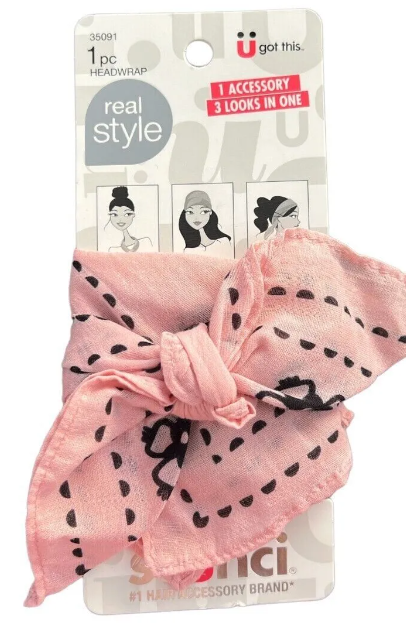 SCUNCI REAL STYLE HEADWRAP IN PINK WIHT BLACK DESIGN/ACCENTS UPC 043194350919