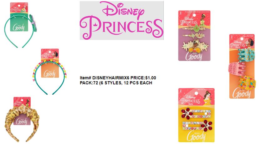 GOODY DISNEY PRINCESS HAIR ACCESSORIES MIX 12 DIFFERENT STYLES, 12 PCS EACH