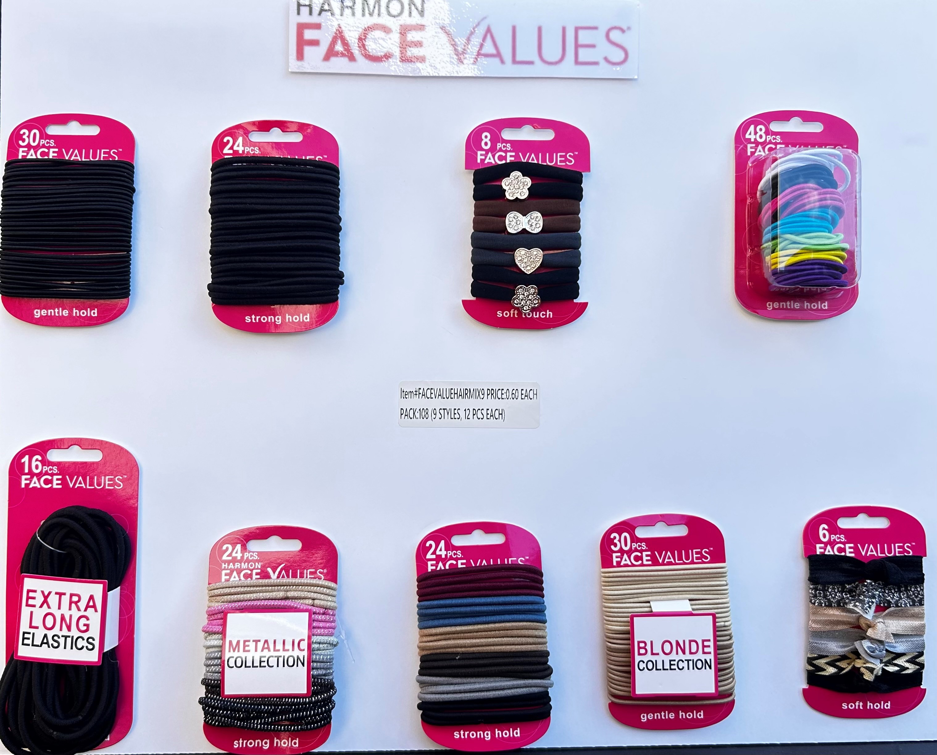 FACE VALUE HAIR ACCESSORIES MIX 9 DIFFERENT STYLES, 12 PCS EACH