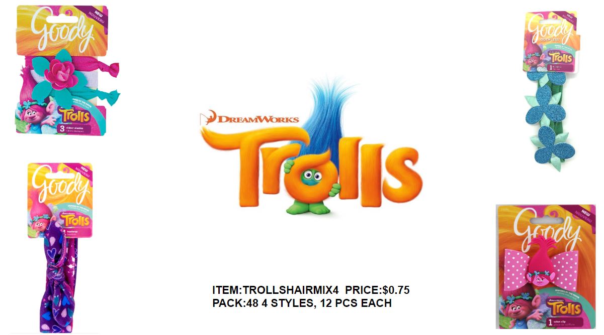 GOODY TROLLS HAIR ACCESSORIES 4 DIFFERENT STYLES, 12 PCS EACH - Click Image to Close